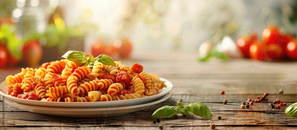 Aufkleber a tempting dish of pasta with savory meat and tomato sauce is presented on a wooden table with ample