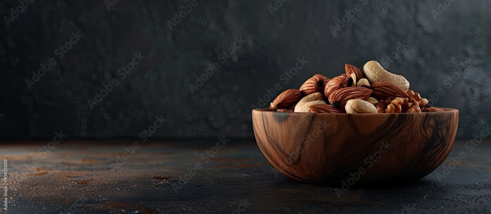 Aufkleber Mixed nuts in a wooden bowl placed on a dark background creating a wholesome and nutritious snack perfect for a copy space image