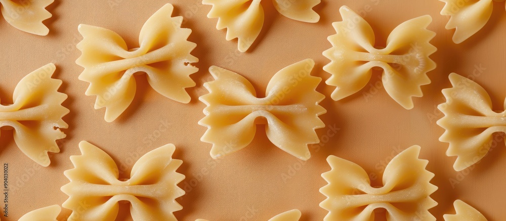 Poster uncooked pasta in the shape of bow ties with a blank background for writing or design. . image with 