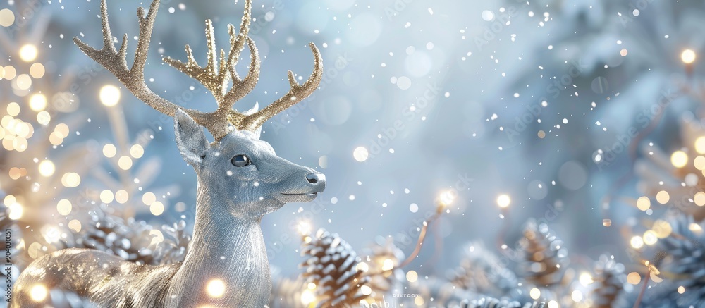 Poster Silvery deer and lights backdrop in a Christmas composition with copy space image