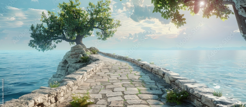 Poster stone paved bridge over sea with stunning natural scenery and vast ocean views perfect for photo ops