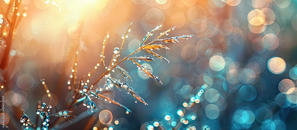 Poster Selective focus on a plant with blurred texture and dew drops in a shallow depth of field creating a serene and visually appealing image with copy space