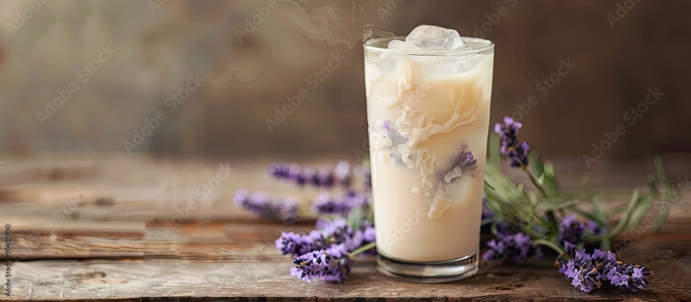 Poster iced lavender tea served in a tall glass with milk showcasing a relaxing vibe in a beautifully timel