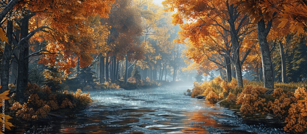 Poster Autumn forest scene with blue river perfect for adding text or graphics with copy space image