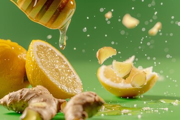 Close-up of honey being drizzled over fresh lemon slices and ginger pieces against a vibrant green background.