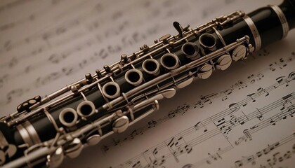 Obraz premium Clarinet placed on a sheet of music with soft, ambient lighting highlighting the instrument's details 