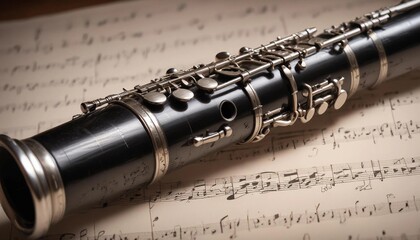 Clarinet placed on a sheet of music with soft, ambient lighting highlighting the instrument's details
