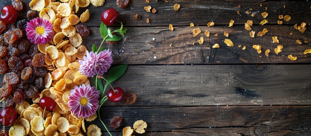Poster cornflakes with various toppings like flowers caramel cherries raisins and dried fruits displayed on