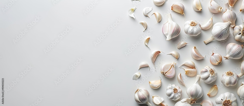 Poster garlic arranged on a white backdrop with copy space image