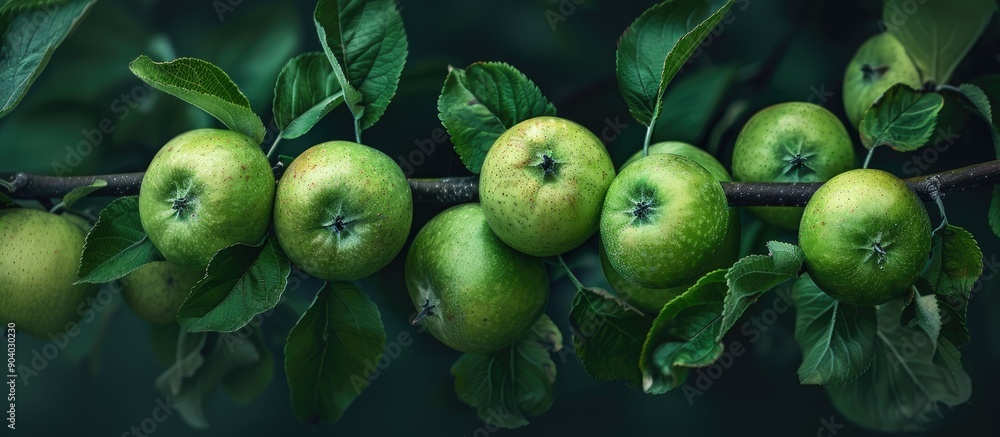 Poster green apples on a branch intertwined with other fruits after blooming creating a picturesque copy sp