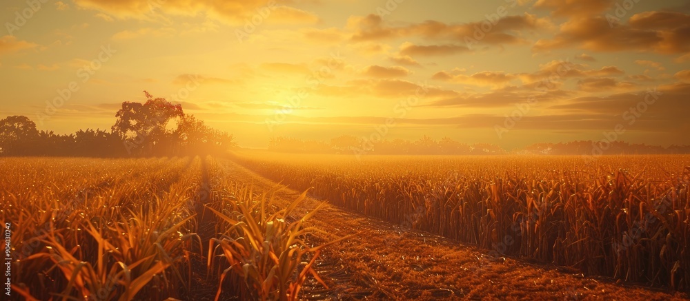 Poster harvested sugarcane fields under the sunrise are clearly visible in the copy space image