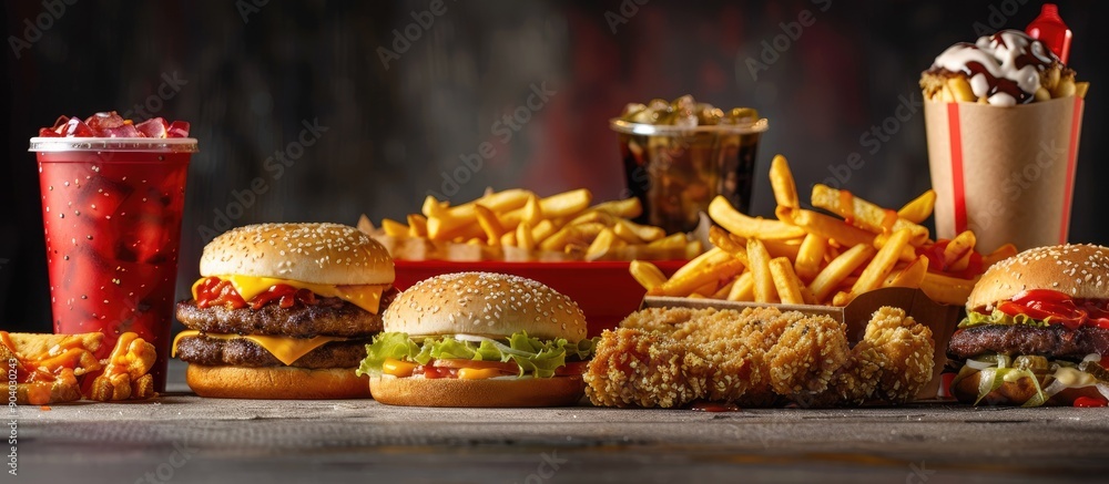 Poster Assorted fast food varieties displayed on a tabletop with a close up view providing ample copy space image