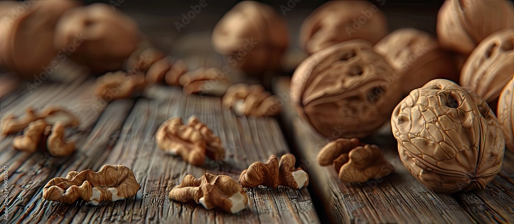 Poster walnuts on a wooden surface with copy space image