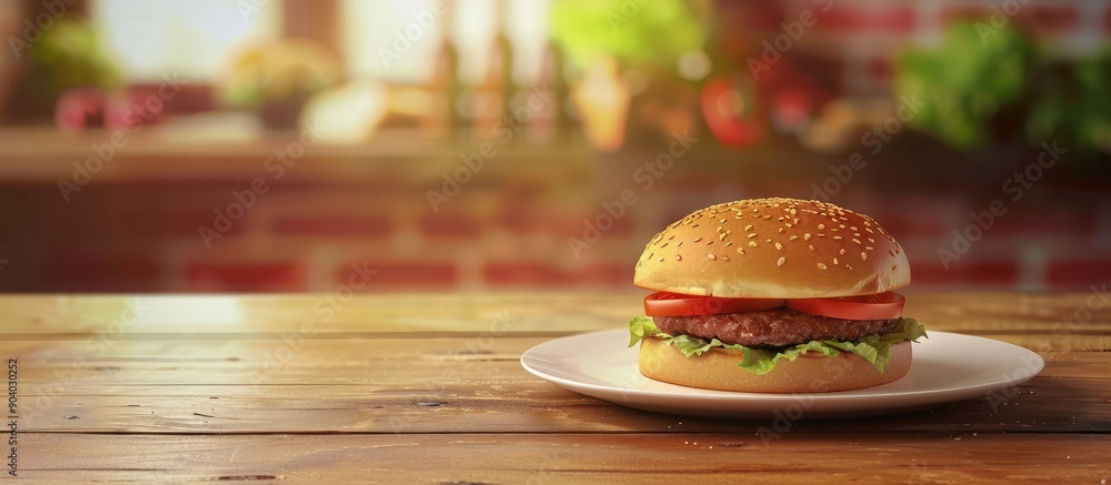 Poster lunch with a hamburger on a plate displaying copy space image