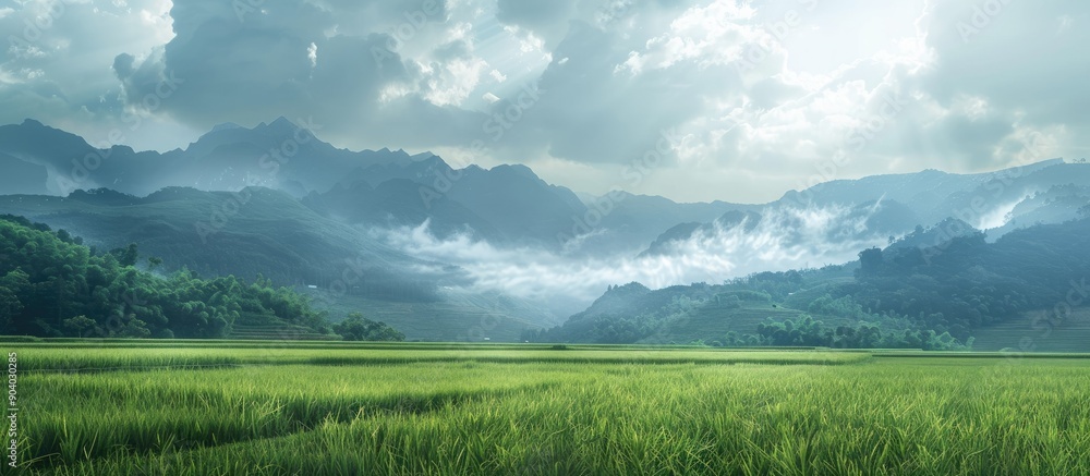 Poster scenic green rice fields with mountains and cloudy sky in a lovely copy space image