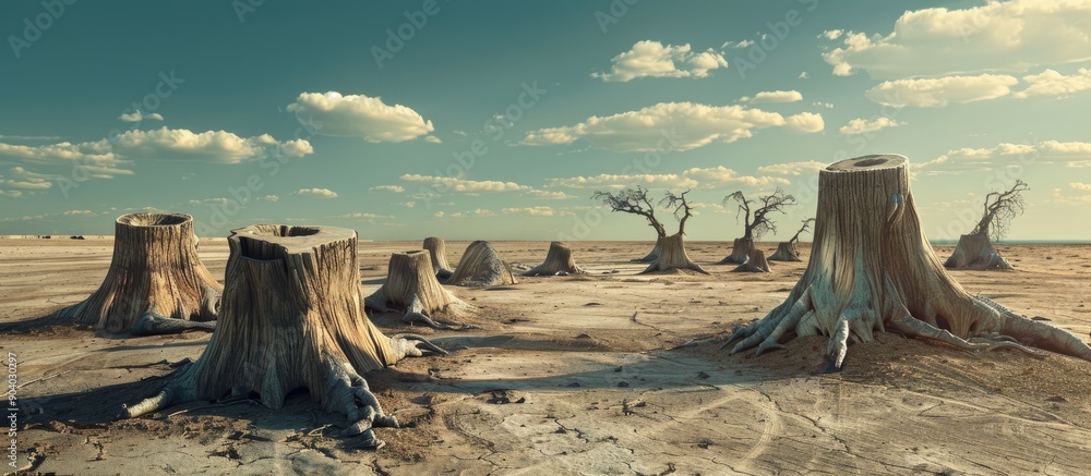 Poster during the dry season lifeless tree stumps fill the barren landscape creating a striking image with 