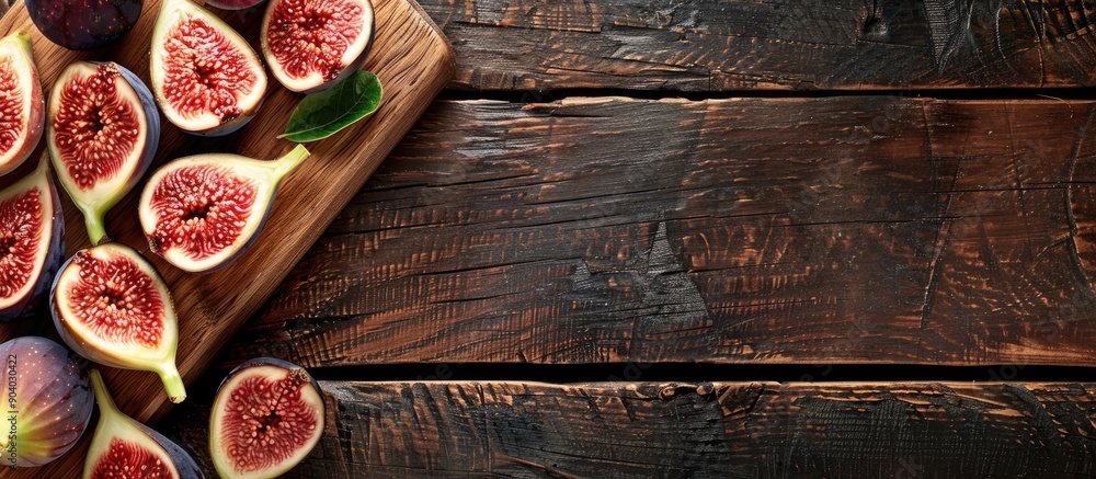Poster slice ripe figs on a wooden cutting board for a rustic kitchen scene with copy space image
