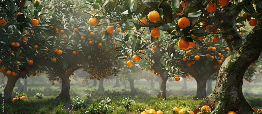 Poster Orange tree with ripe fruits and flowers providing a vibrant and lush setting with copy space image