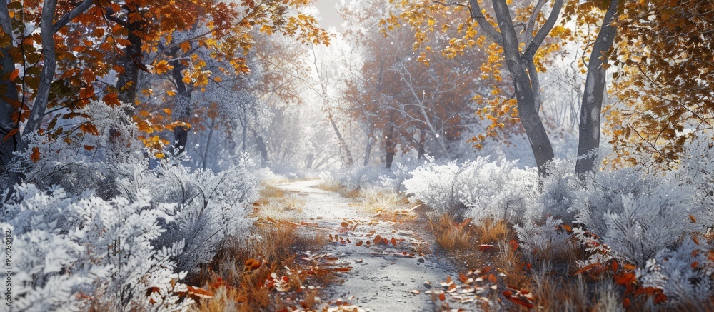 Aufkleber Scenic forest path in autumn with colorful leaves and frosty white branches ideal for a copy space image