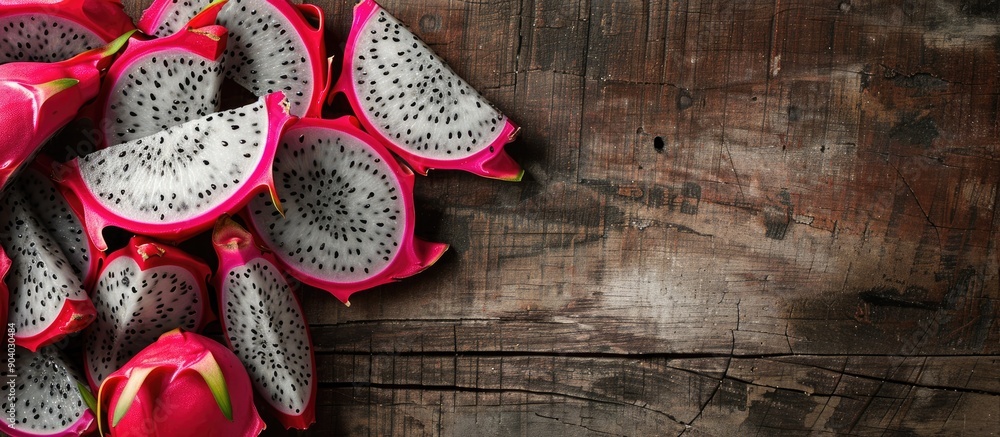 Poster dragon fruit slices displayed on a wooden surface with ample copy space image