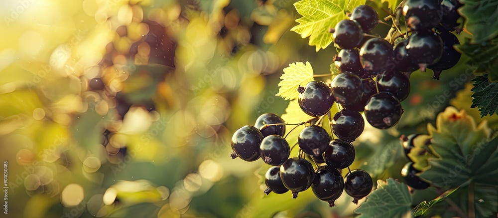 Poster Focus on the black currant berries with a fruited bush in the background set against a blurred background creating a shallow depth of field in the copy space image