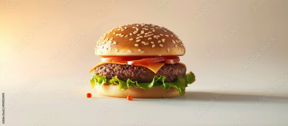 Poster delicious cheeseburger with a cutlet cheese and tomato ideal for fast food menus showcased on a whit