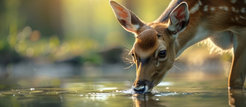 A female deer drinking water in a close up copy space image