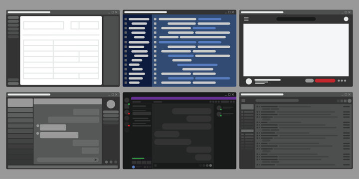 Set of windows program in dark mode, Black color UI design, Flat simple screen of website browser, coding display, email screen, chat box, Computer window user interface screen.