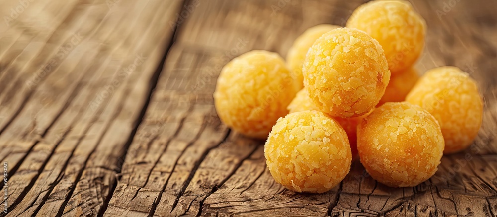 Poster Close up shot of cheese balls displayed on a weathered wooden table with selective focus creating a visually appealing copy space image