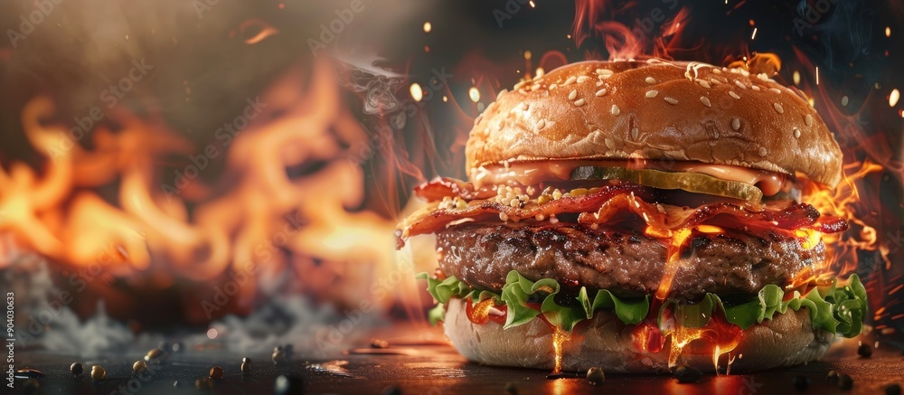 Aufkleber Fast food burger with meat and chicken accompanied by fires displayed in a copy space image