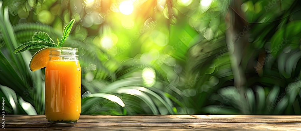 Poster health drink made from bael fruit juice displayed on a wooden table with copy space image