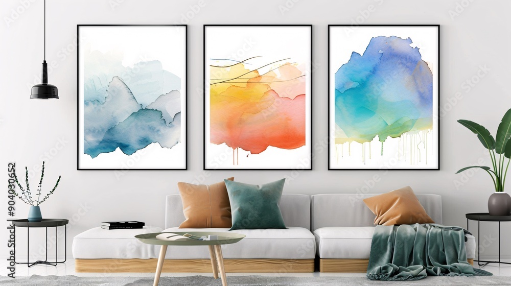 Poster three watercolor art posters with a continuous image, creating a harmonious and stylish wall display