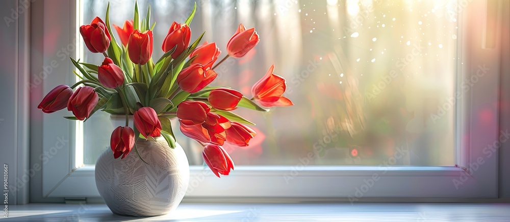 Poster a bouquet of red tulips in a vase on the windowsill as a lovely gift portrays a copy space image wit