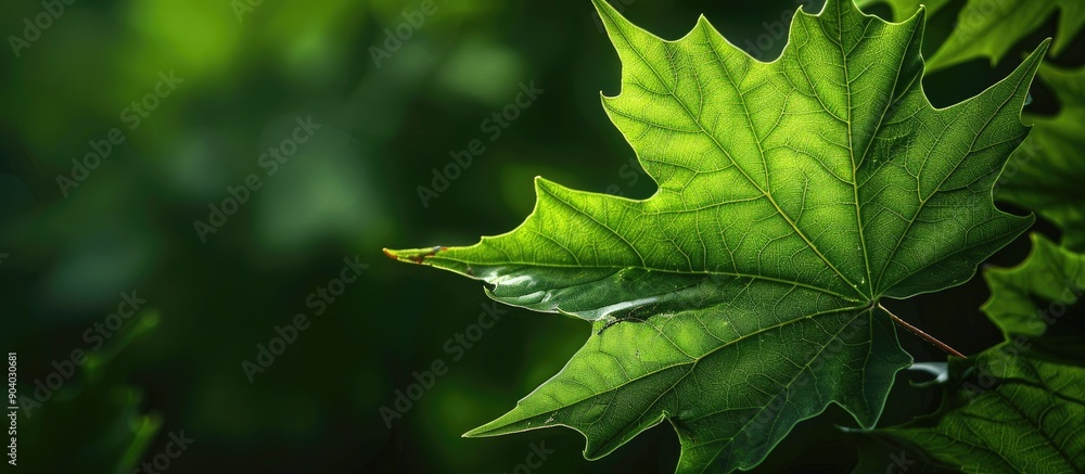 Poster Backlit green maple leaf with copy space image