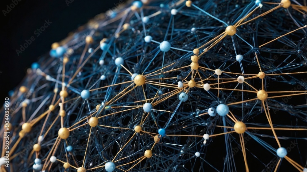 Poster intricate network of interconnected nodes, symbolizing technology and data, with dynamic shades of b