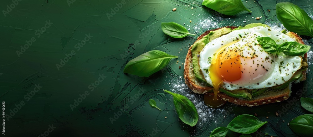 Poster avocado sandwich topped with a poached egg oozing yolk and fresh basil leaves on a dark green backdr