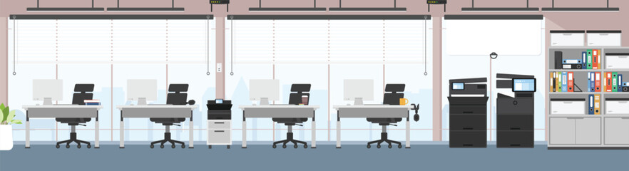 Modern office design, Empty working area with no people, Modern office interior, Skyscraper office with city view, Office interior horizontal background.