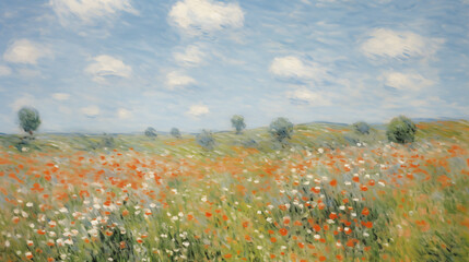 Vibrant summer landscape with wildflowers under bright blue sky