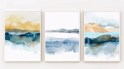 Three watercolor art posters featuring a continuous image, creating a cohesive and elegant wall display on a white background
