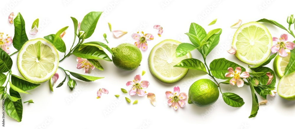 Poster bergamot slices and flowers arranged in flight set against a white backdrop for copy space image