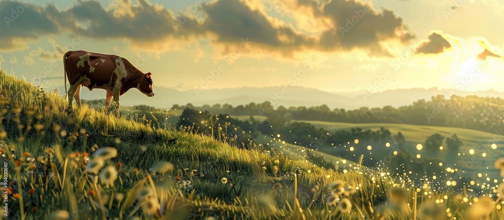 Poster Cows are seen peacefully grazing on the hillside in a serene setting creating a picturesque scene with a copy space image
