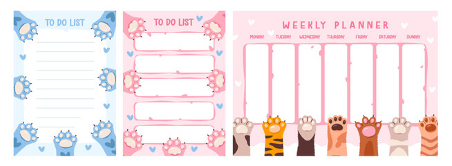 To do planner with a cat paws. Vector illustration playful and cute cats paws, perfect for content centered on daily routines and pet lovers
