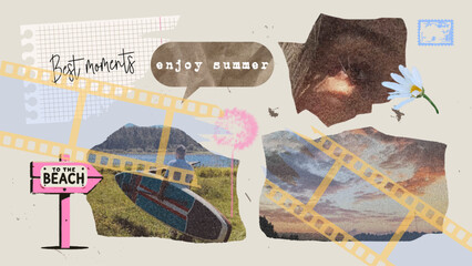 Summer cut out photo and craft paper elements for collage and scrapbooking. Retro photo sunset, surf with grain effect, vacation, travel, weekend theme. Torn film and clippings photocopy effect