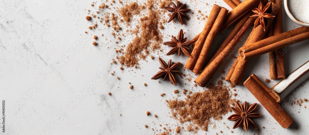 Poster White background highlighting cinnamon sugar and sticks with copy space image