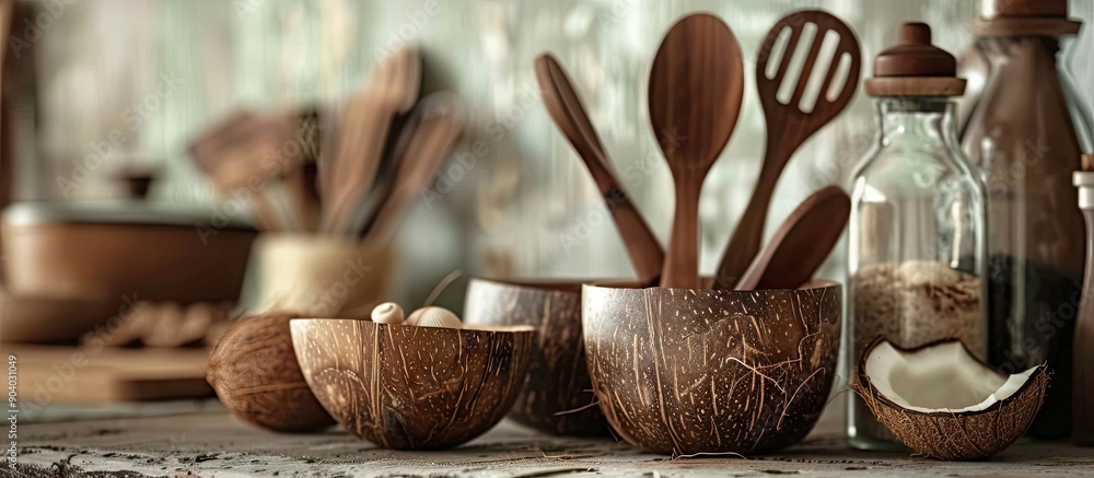 Poster wooden and brown coconut shell kitchen utensils with a focus on glass shells create an exotic theme 