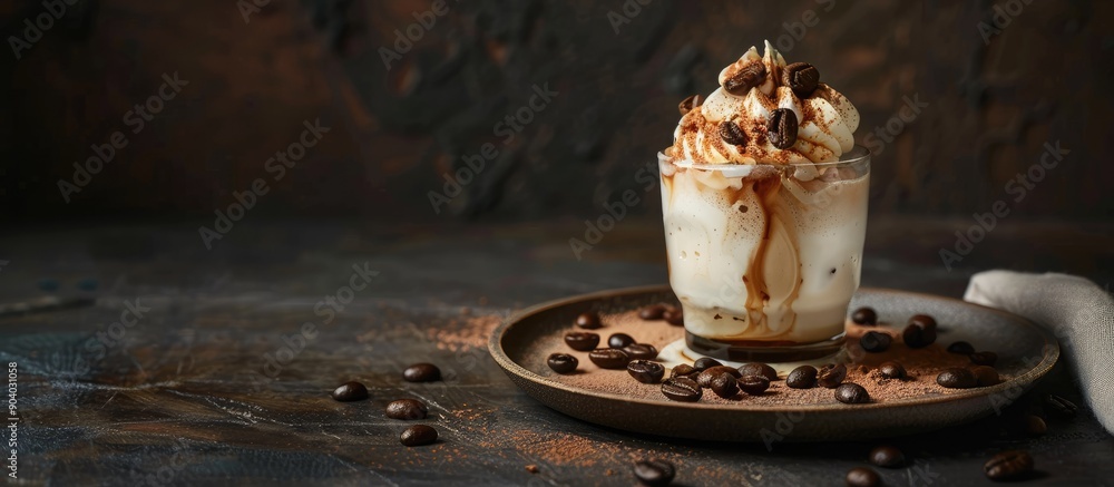 Poster an italian dessert where espresso coffee is poured onto vanilla ice cream creating an elegant and de