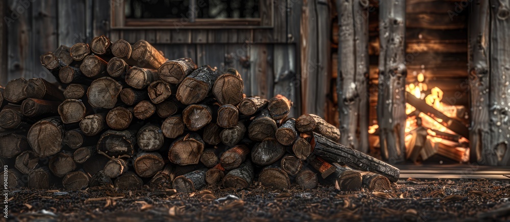 Aufkleber Piles of logs arranged neatly for a cozy fire creating a rustic ambiance in a cozy cottage with a warm glow Enhanced by the presence of a copy space image