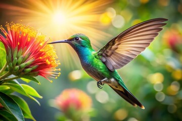 Fototapeta premium Vibrant hummingbird in mid-air, surrounded by lush tropical foliage, sips nectar from a bright blooming flower, its iridescent feathers glimmering in sunlight.