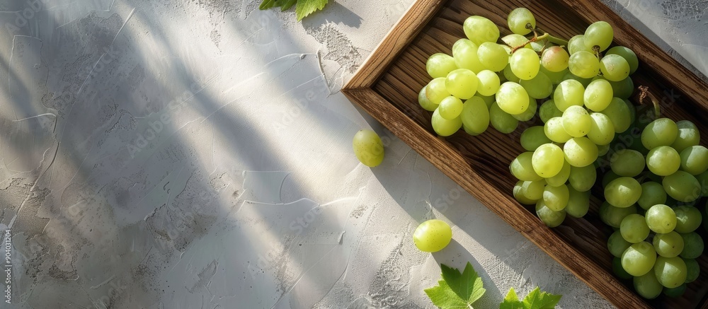 Poster Wooden frame with green grapes on a gray background casting a clear shadow creating a backdrop with ample copy space image