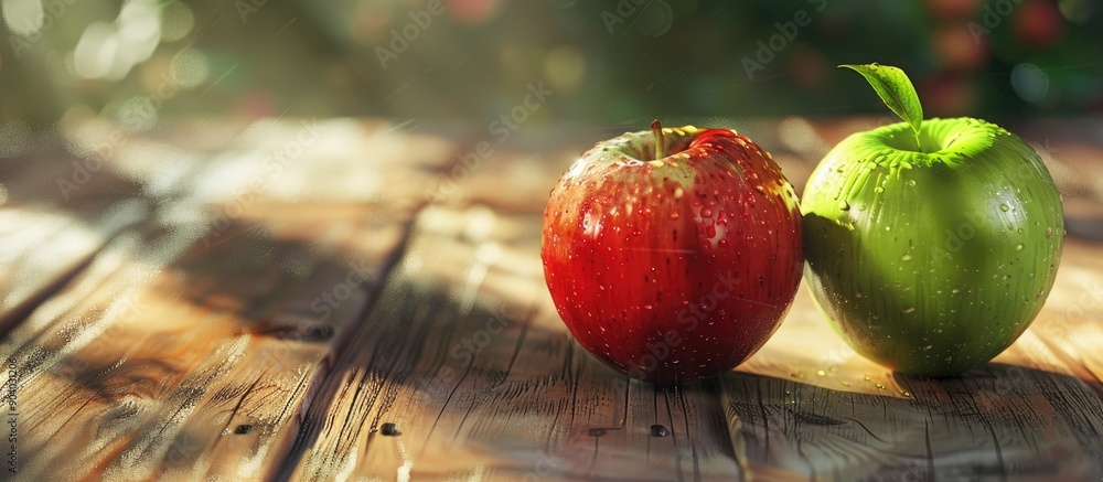 Poster wooden background hosting fresh green apples alongside a copy space image of a vibrant red apple